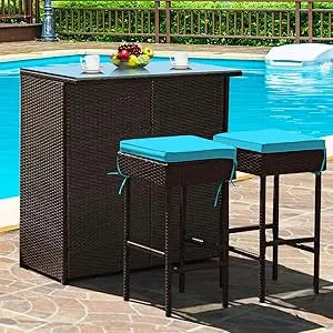 Ljustra 3 Piece Patio Bar Set Outdoor Rattan Table and Stools with Storage