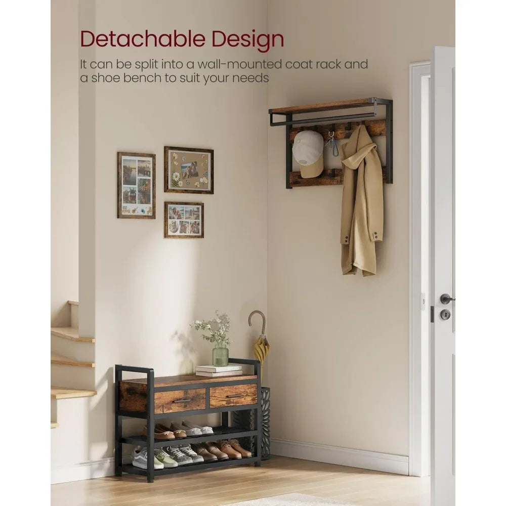 Entryway Coat Rack Shoe Bench with Fabric Drawers and Hooks