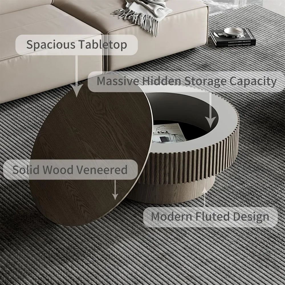 Modern Round Coffee Table Solid Wood Grey 31.5 Inch for Living Room