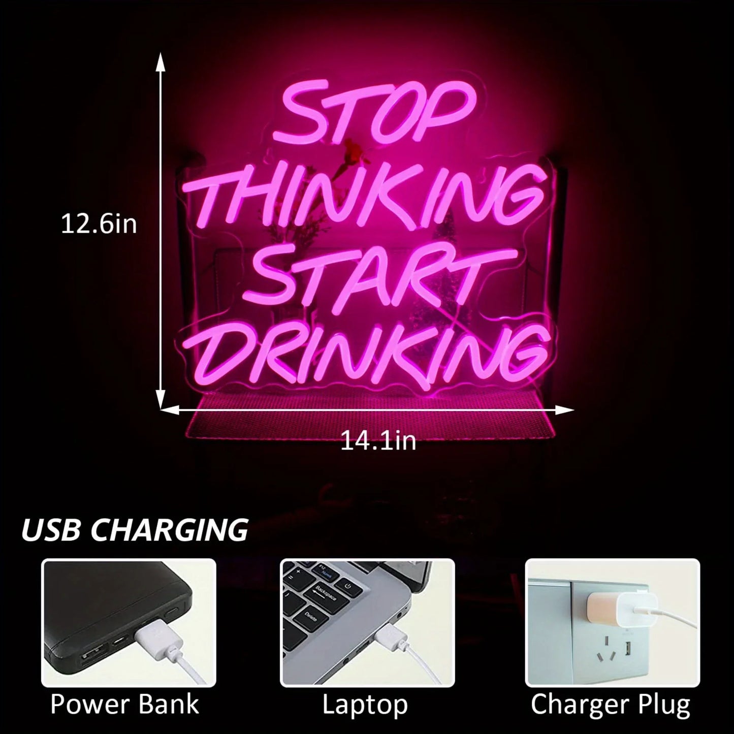 Stop Thinking Start Drinking Neon Sign Light Dimmable LED Bar Decor