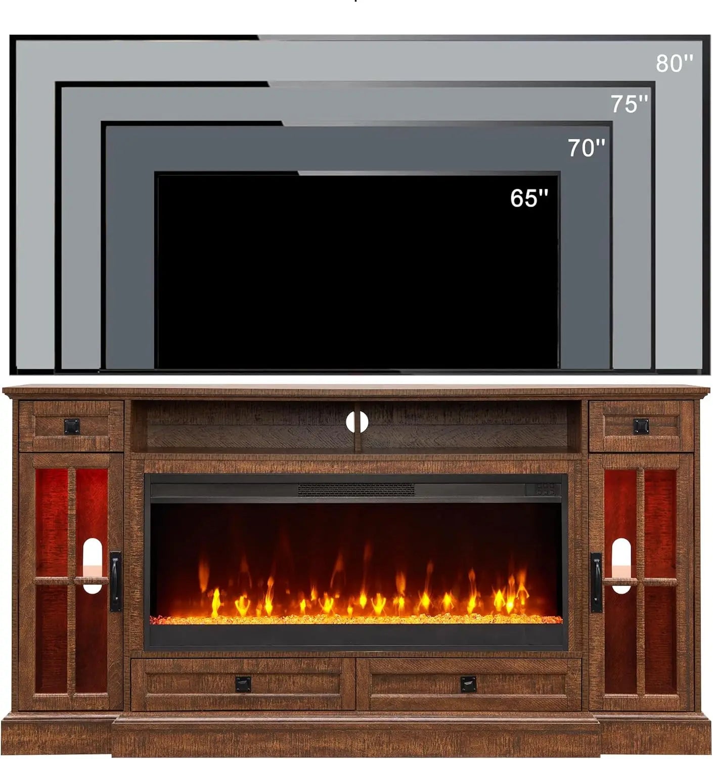 Fireplace TV Stand for 80 Inch TV Farmhouse Entertainment Center LED Lights