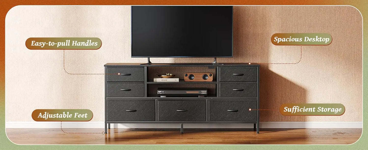 Modern TV Stand with Power Outlets LED Lights 7 Drawer Console