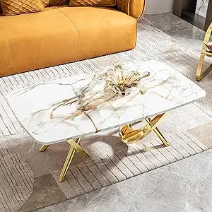 Modern Oval Coffee Table Faux Marble Sintered Stone Gold Base 51.2"