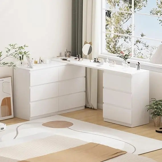 L-Shape Dressing Table with 9 Drawers Extendable Vanity Desk Dresser