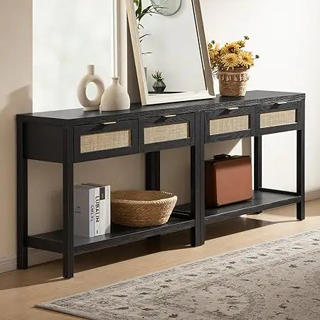Black Console Table Set of 2 Boho Entryway Table with Rattan Drawers
