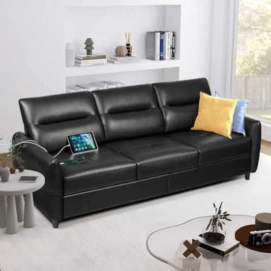 85" Faux Leather Sofa Black 3-Seater Couch with USB & Cup Holders, Modern Mid-Century Design