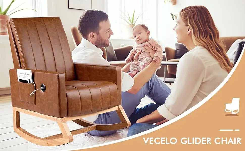 Rocking Chair Nursery Leather Upholstered Glider Modern Armchair USB Port