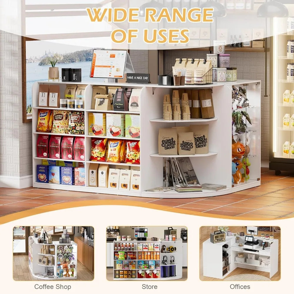 L-Shaped Reception Desk with Drawers and Transparent Display Case