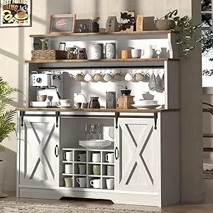 55 Inch Farmhouse Coffee Bar Cabinet with 12 Bottle Wine Rack