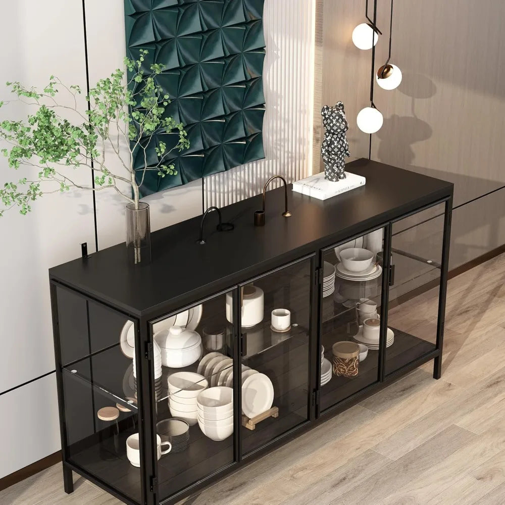 Sideboard Display Cabinet with Glass Doors and LED Lights Buffet Storage