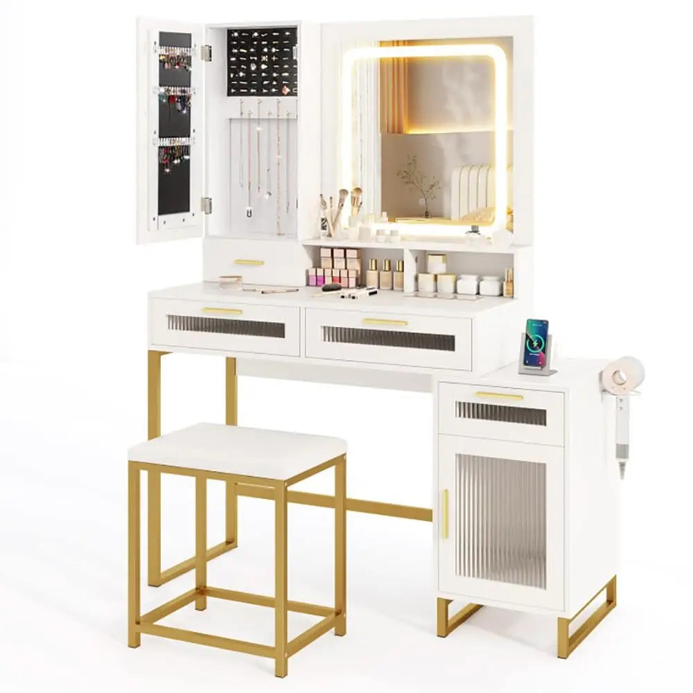 Makeup Vanity Desk Set Lighted Mirror with Stool Dressing Table