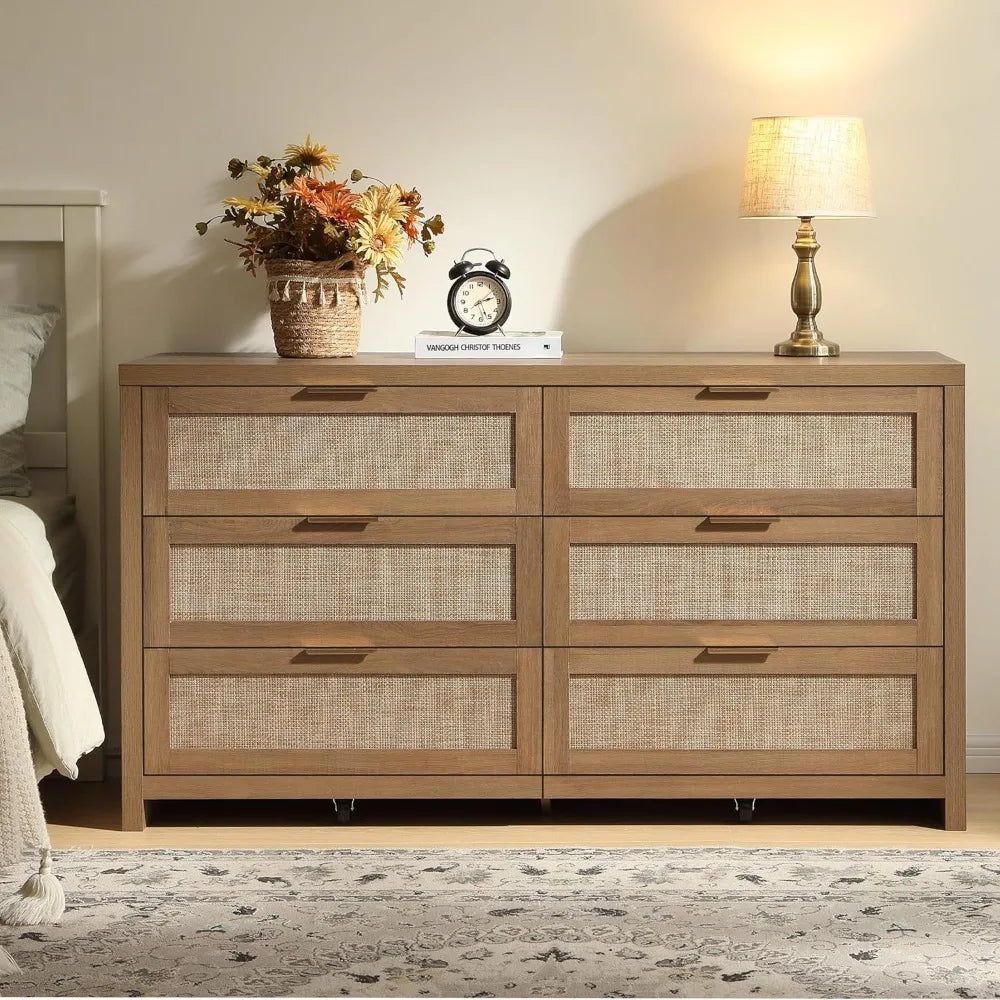 Rattan Dresser 6 Drawer Chest Storage Modern Bohemian Style for Bedroom