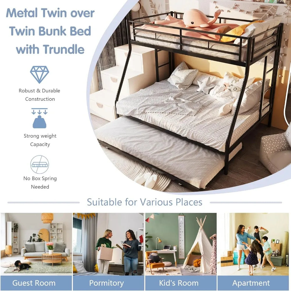 Space Saving Twin Over Full Bunk Bed with Ladders Trundle Guardrails