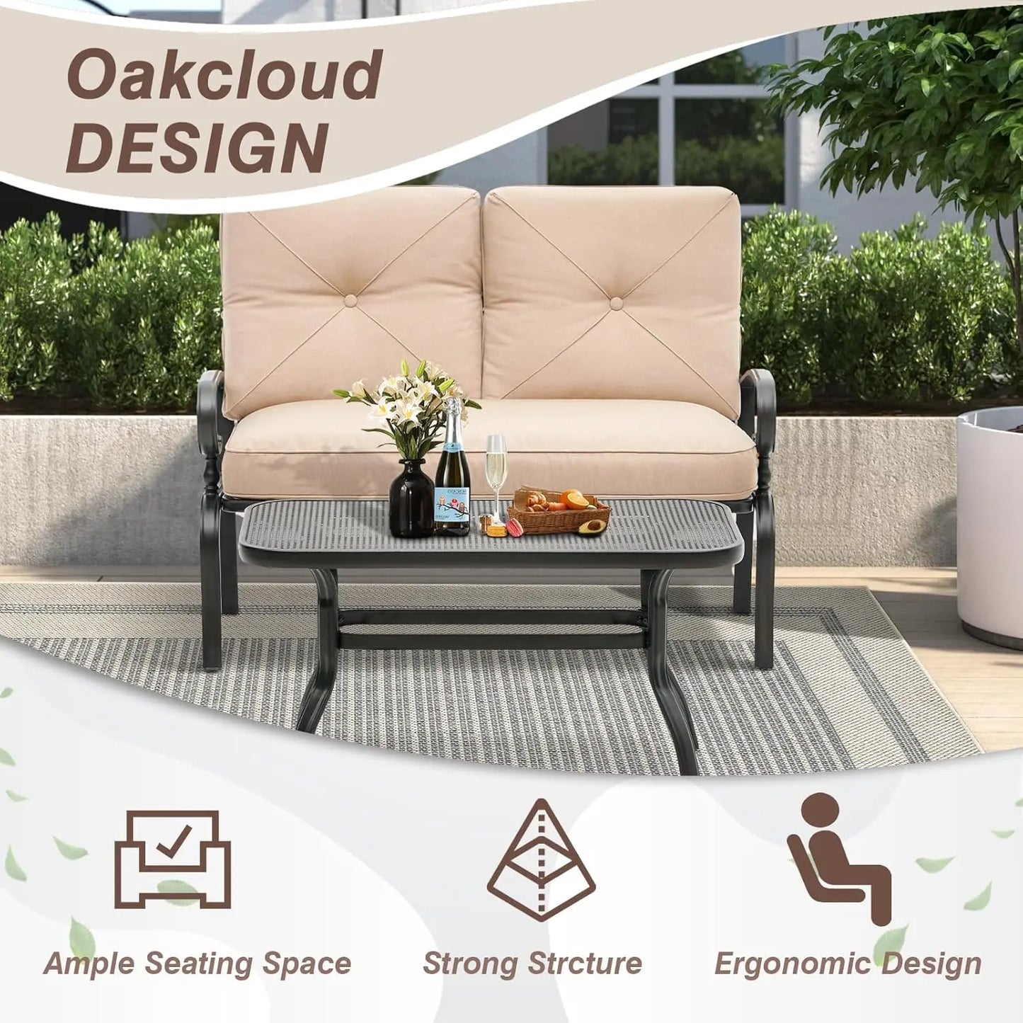 Outdoor Patio Loveseat Set with Thick Cushions and Coffee Table
