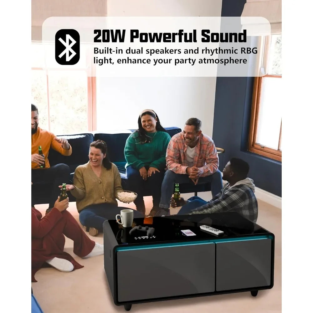 Smart Coffee Table with Built-in Fridge Speakers Wireless Charging USB Ports