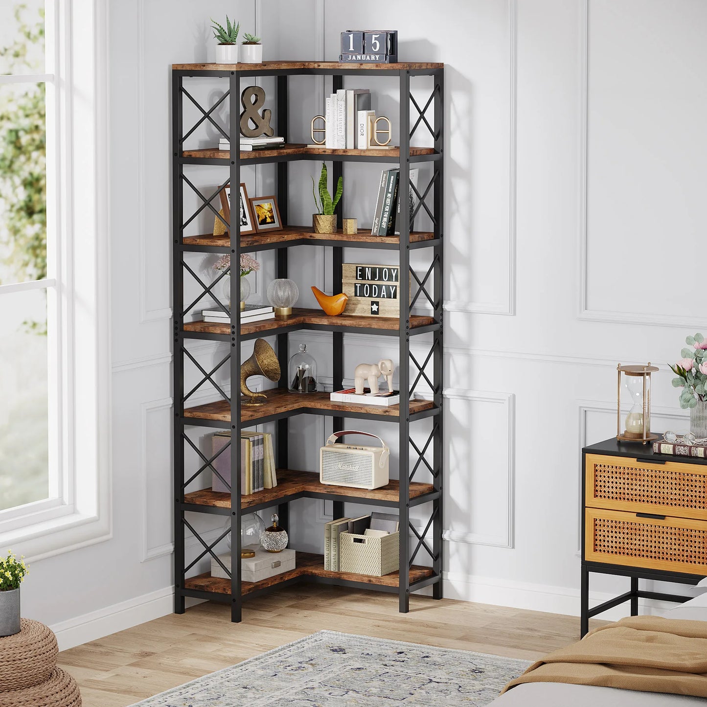 Ljustra 7-Shelf Corner Bookshelf Modern Corner Bookcase Storage Rack