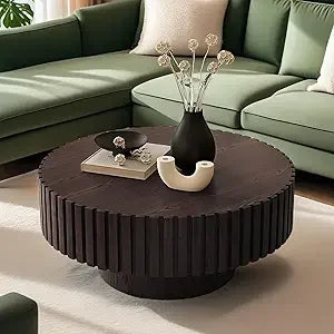 Round Fluted Coffee Table Modern Handcrafted Drum Table Low Profile