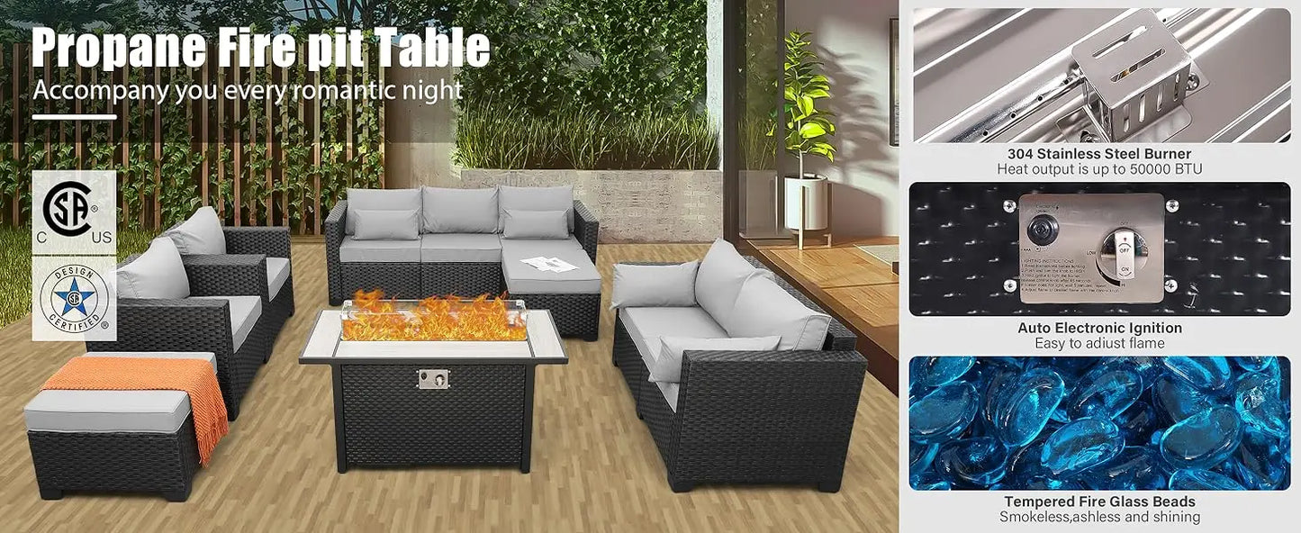7 Piece Outdoor Furniture Set with Propane Fire Pit Table and Cushions