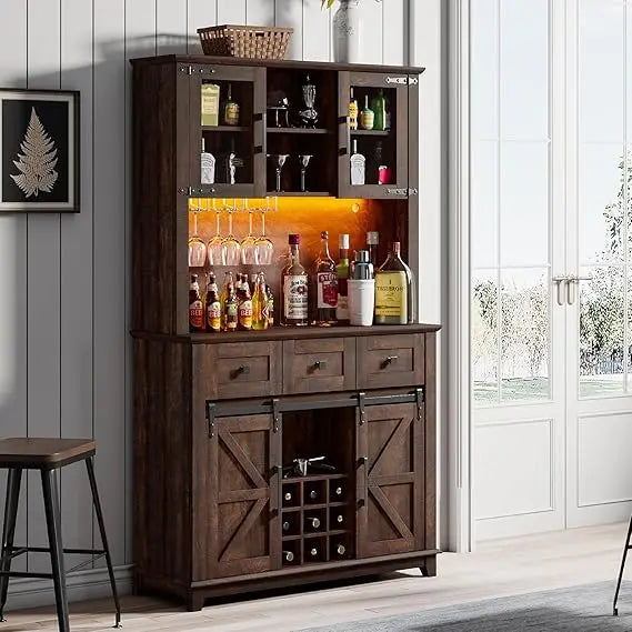 72 Inch Coffee Bar Wine Cabinet with Sliding Barn Door LED Lights