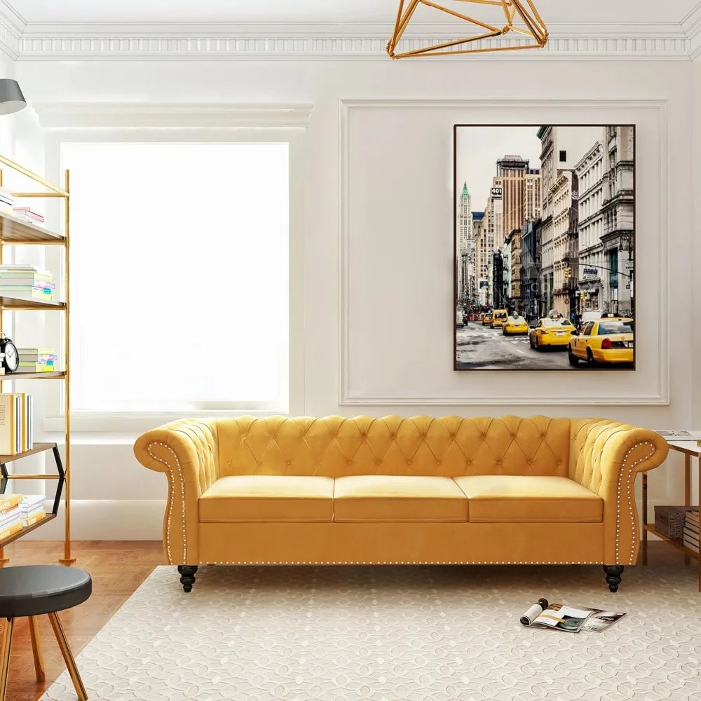 84" Velvet Chesterfield Sofa Tufted Couch w/ Rolled Arms & Nailheads, 3 Seater