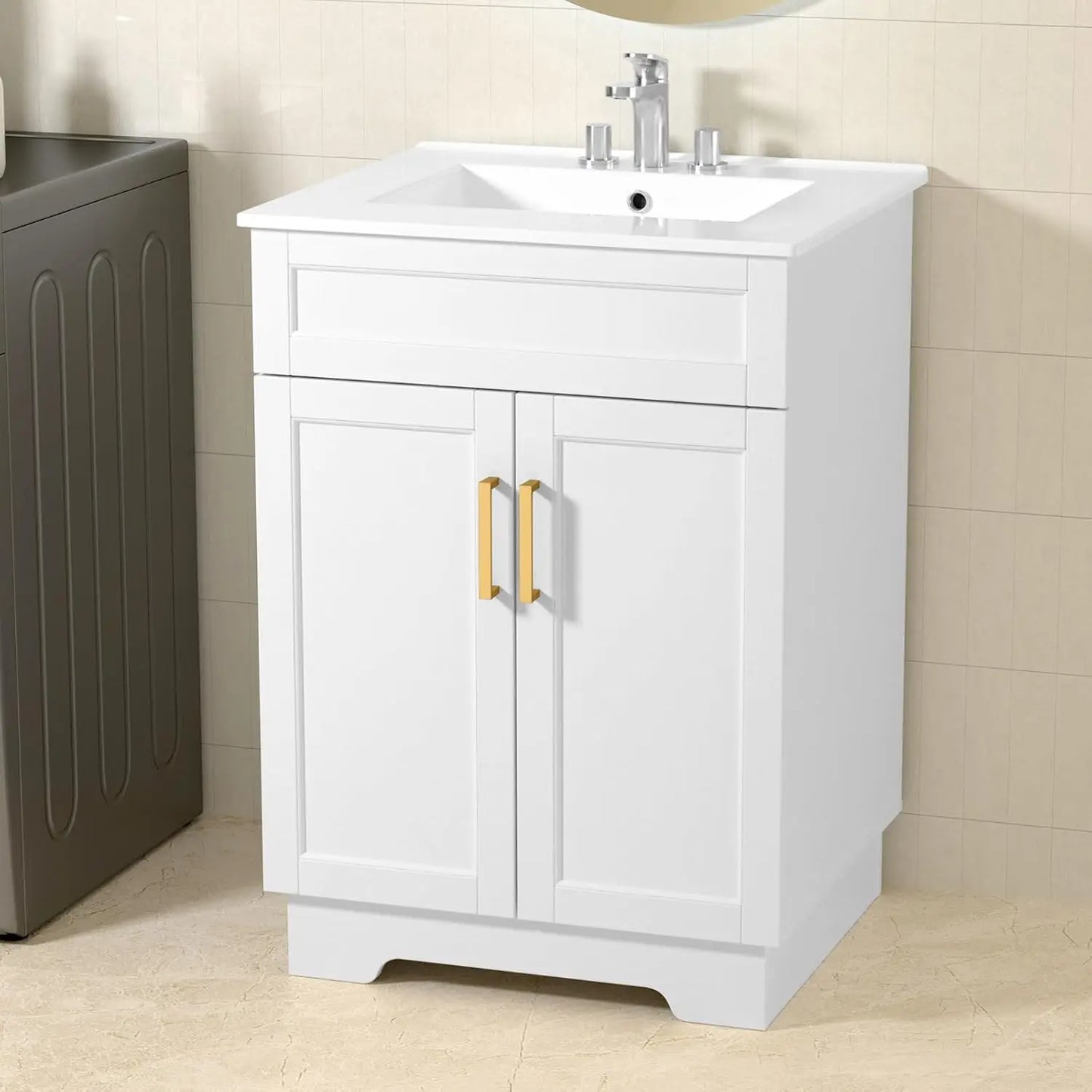Bathroom Vanity with Ceramic Sink 24 Inches Wooden Cabinet