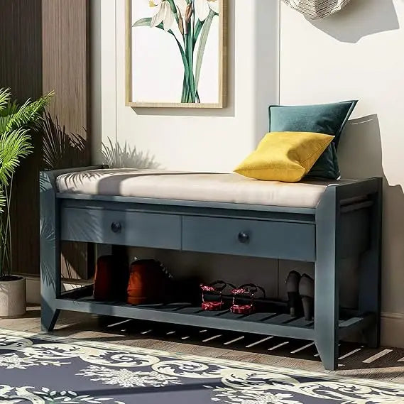 Entry Storage Bench with Cushioned Seat and 2 Drawers for Shoes
