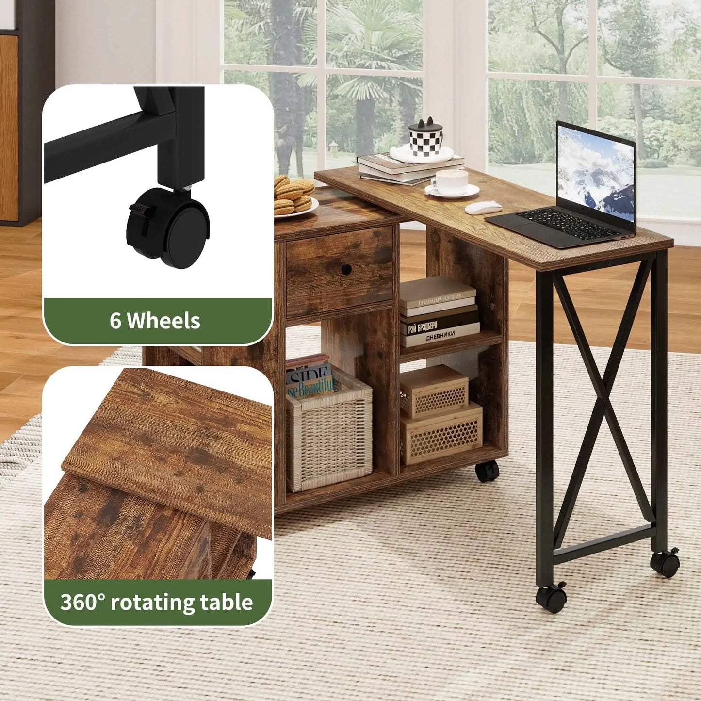 Rotating Writing Office Desk with Storage and Wheels for Home Office