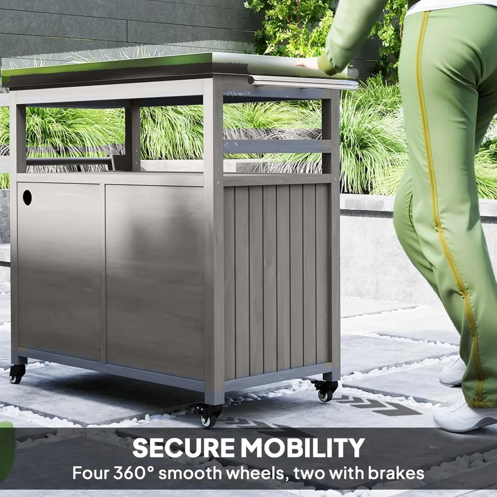 Outdoor Grill Cart with Wheels Storage Solid Wood Stainless Steel Top