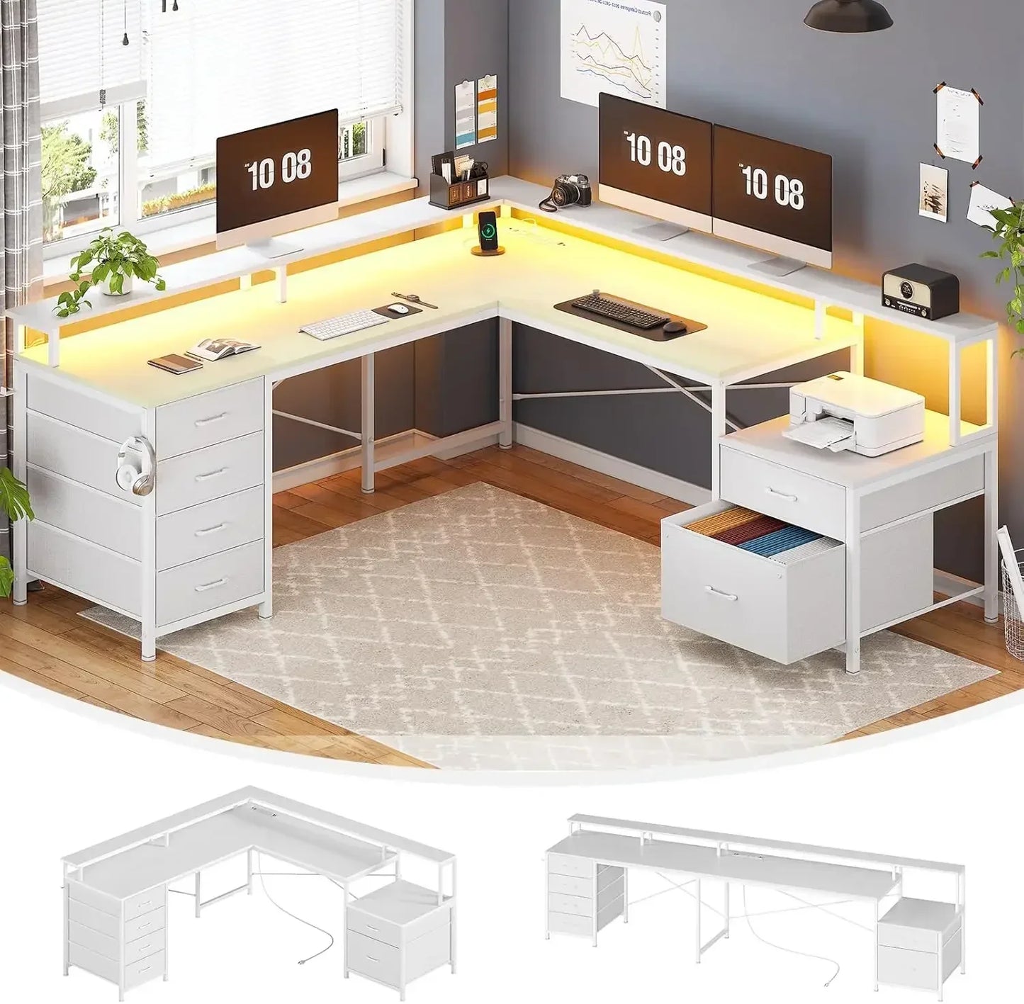 L-Shaped Office Desk with Monitor Rack and 6 Drawers for Home Office