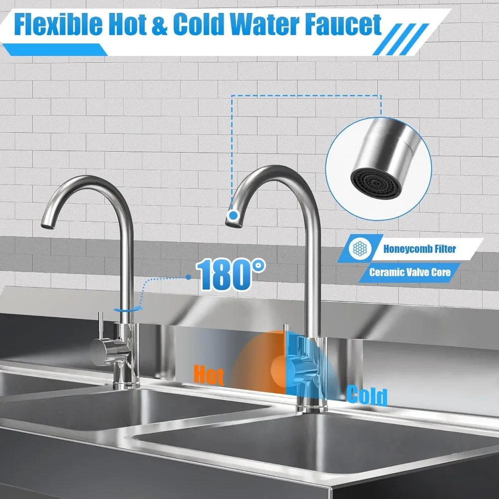3 Compartment Stainless Steel Utility Sink with Hot Cold Faucets
