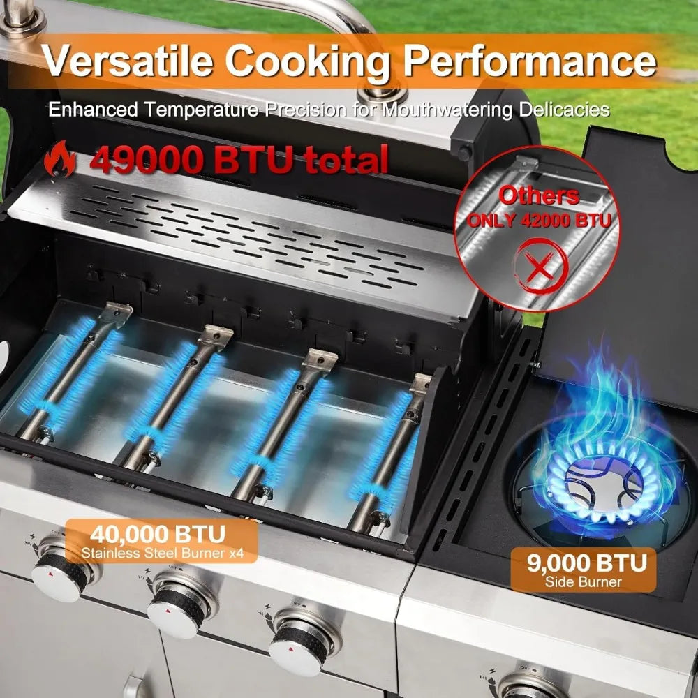 4-Burner Propane Gas Grill with Side Burner and Cabinet 49000 BTU BBQ