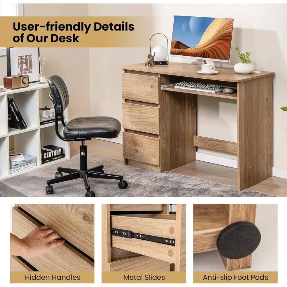 Ljustra Computer Desk with Charging Station 3 Storage Drawers Keyboard Tray