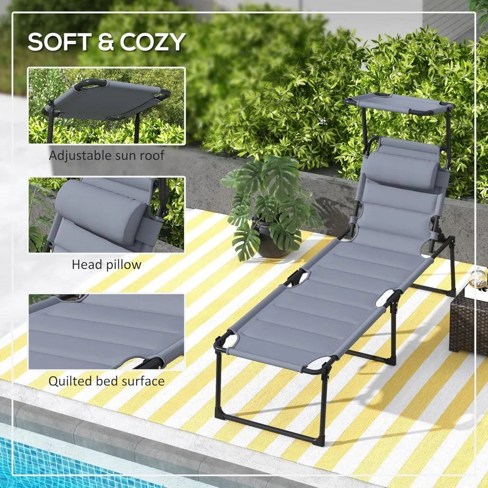 2 Piece Outdoor Lounge Chair Adjustable Backrest Folding Chaise Lounge