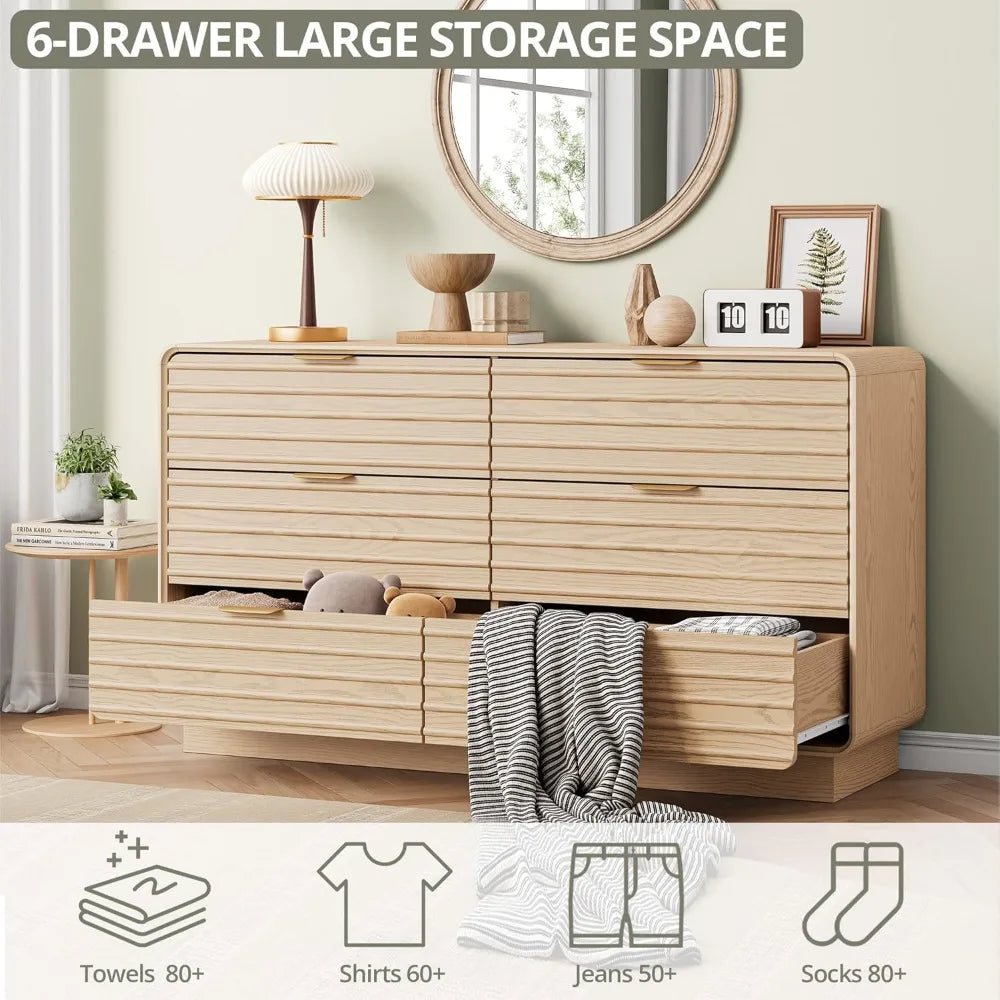 Fluted 6 Drawer Dresser Modern Bedroom Storage 54 Inch Wide Furniture