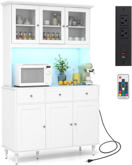 77 Inch Large Pantry Cabinet Kitchen Buffet Hutch with LED Lights