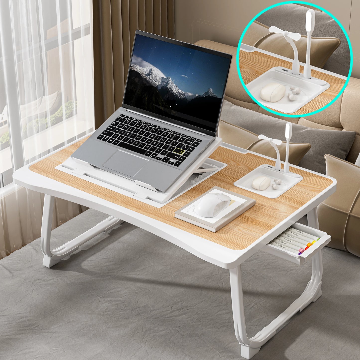 Portable Adjustable Height Foldable Laptop Bed Desk with Storage Drawers
