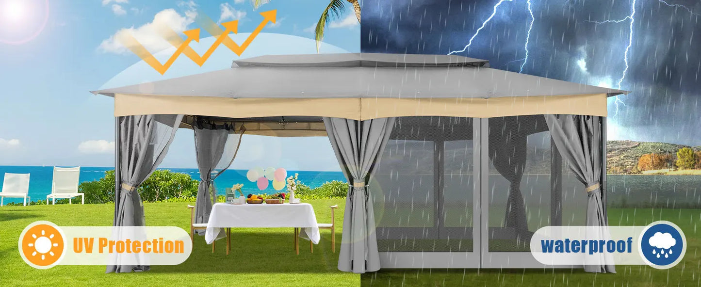 12x20 Outdoor Gazebo with Privacy Curtains Mosquito Netting Metal Frame
