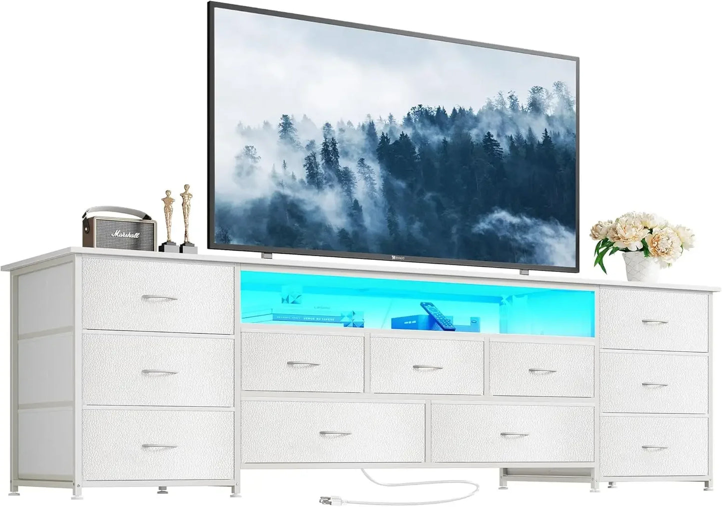 63 Inch TV Stand Dresser with LED Lights Power Outlets 11 Drawers Storage