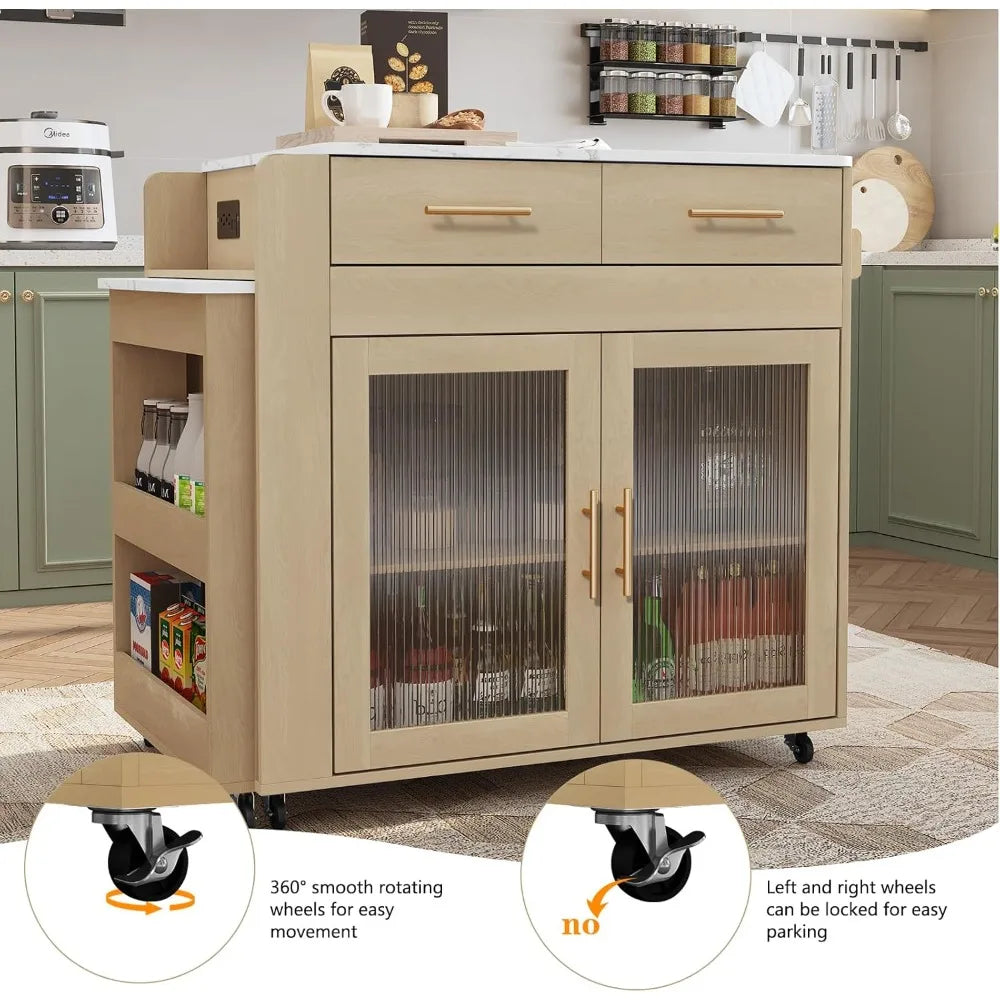 Kitchen Island with Extendable Table Power Outlets Rolling Cart