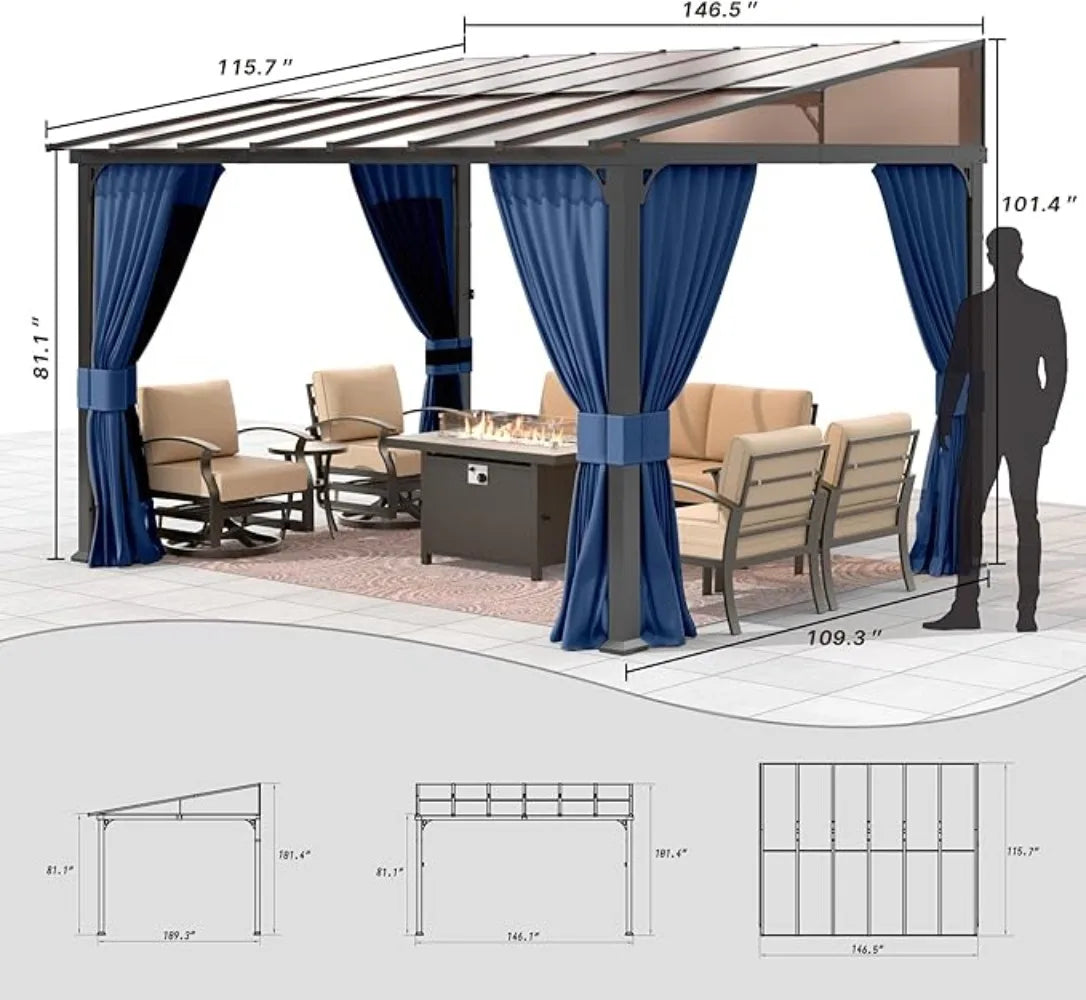 Ljustra 10FTx12FT Outdoor Wall-Mounted Pergola Metal Frame Gazebo