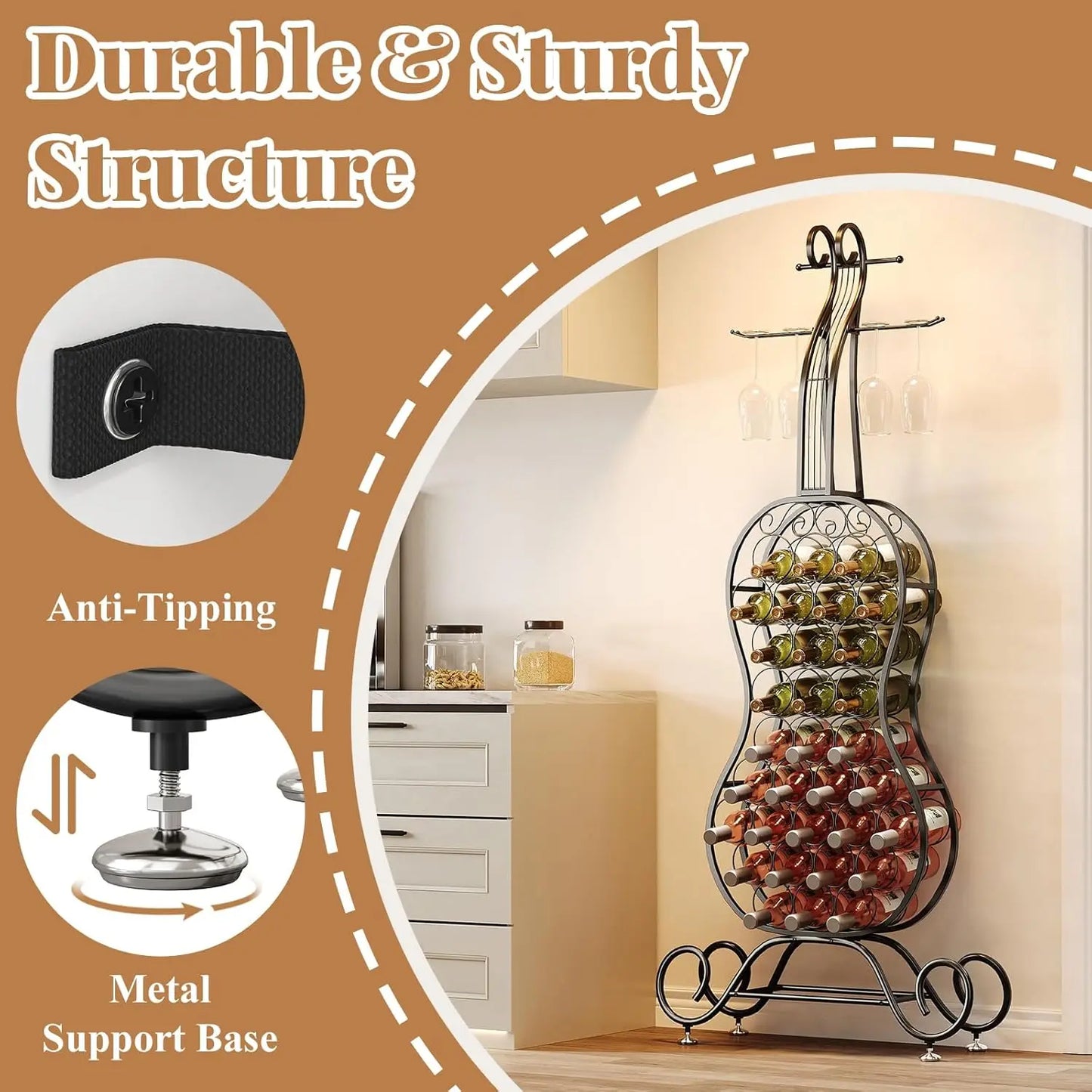 Freestanding Wine Rack for 32 Bottles with Glass Holder Metal Organizer