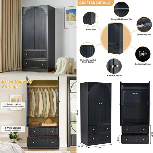 Large Wooden Freestanding Armoire Double Doors Storage Drawers Wardrobe