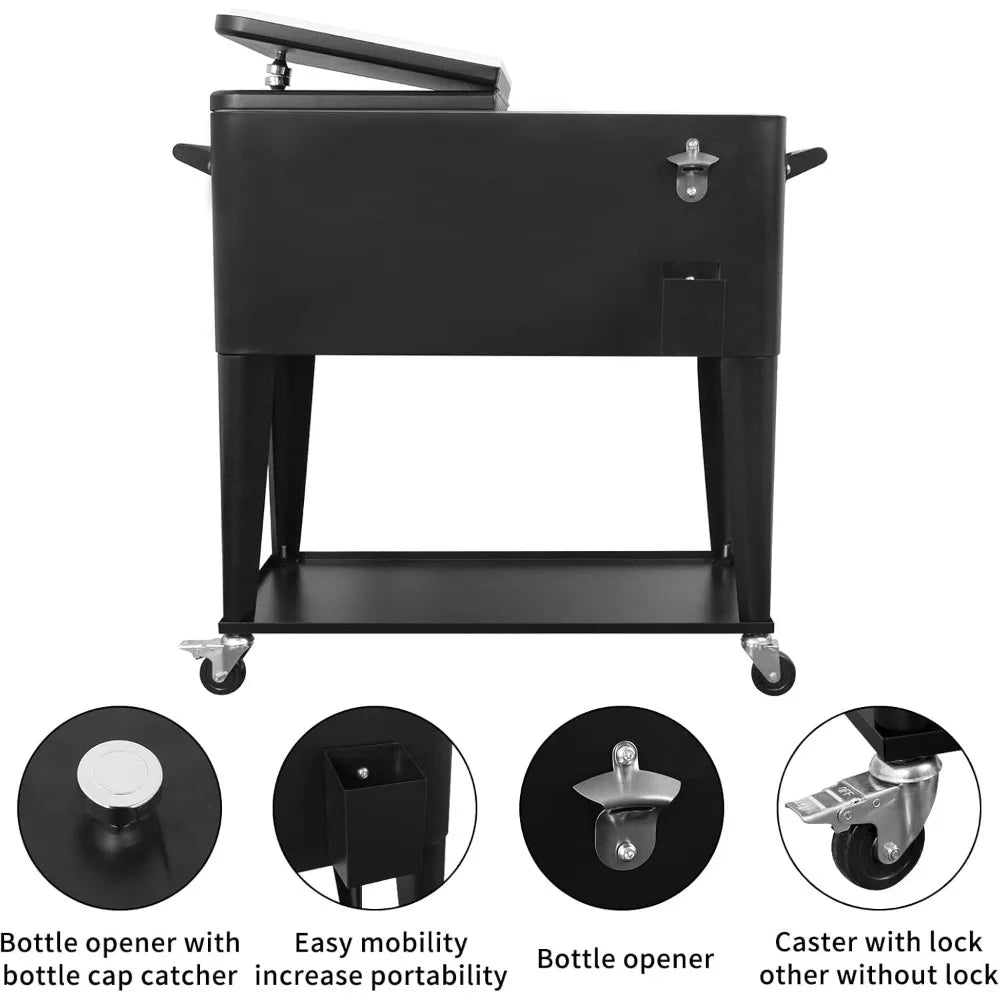 Portable Rolling Cooler Cart 80 Quart Outdoor Beverage Trolley