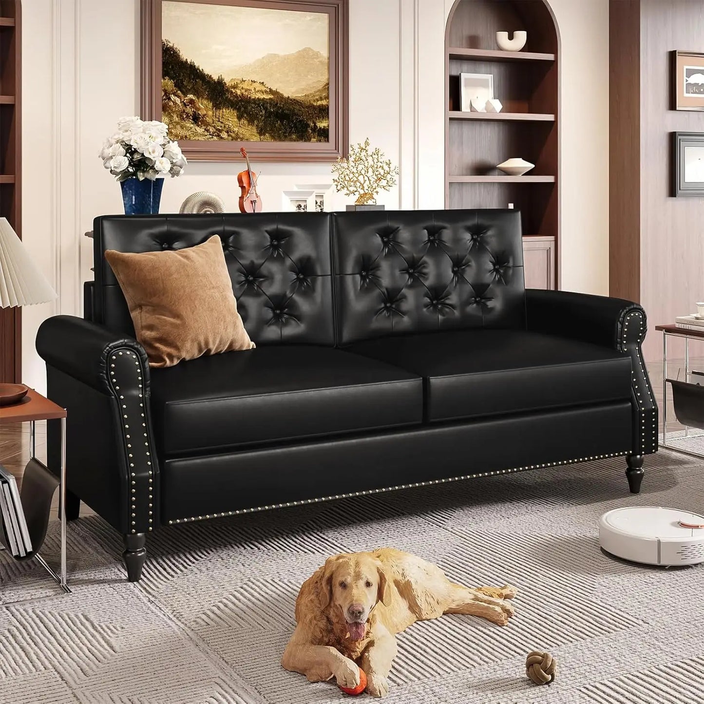 Ljustra Brown Couch 73 Inch Sofa Faux Leather Vintage Office Sofa