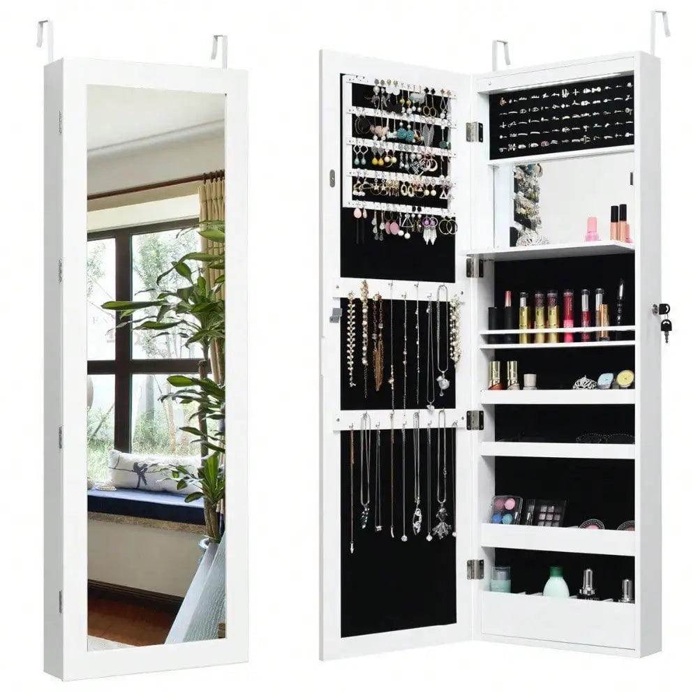 Lockable Mirror Jewelry Cabinet Armoire Organizer Wall Door Mounted LED