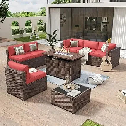 8-Piece Wicker Rattan Patio Furniture Set with Fire Pit Table and Cushions
