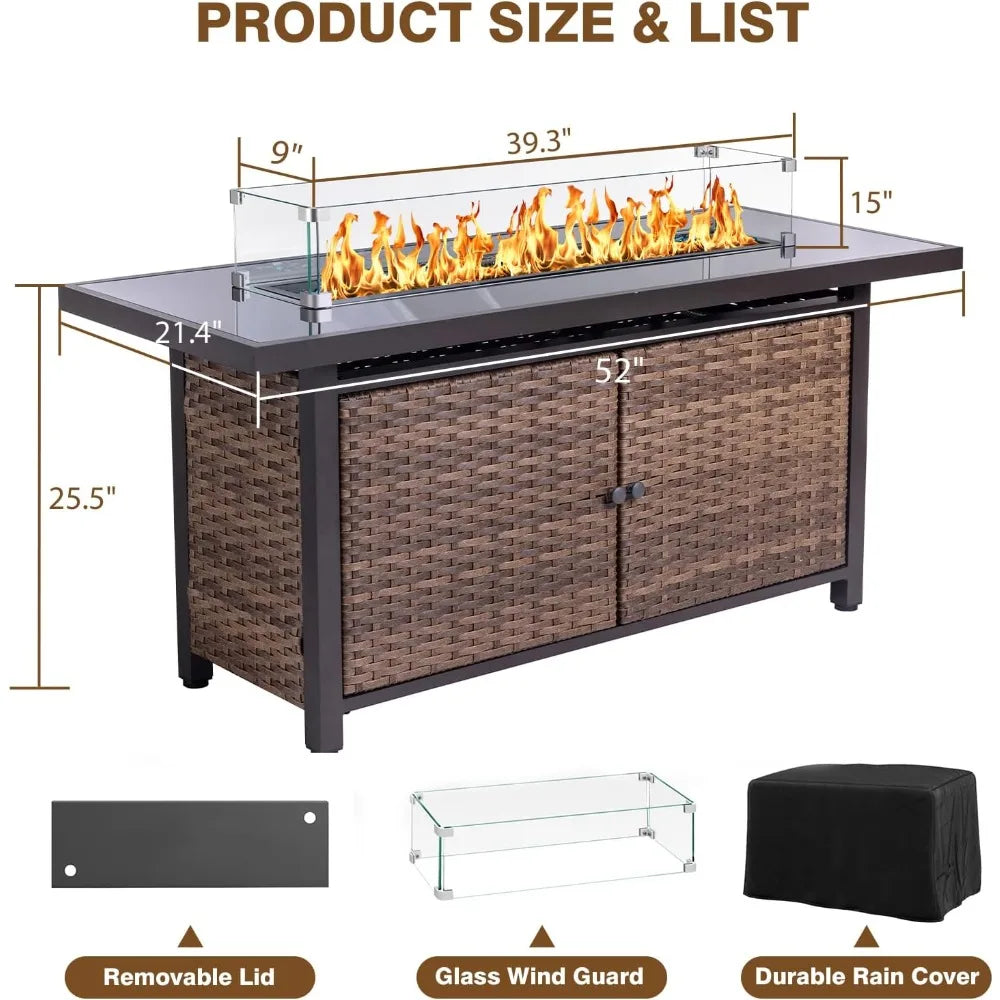 52 Inch Outdoor Propane Gas Fire Pit Table with Glass Wind Guard