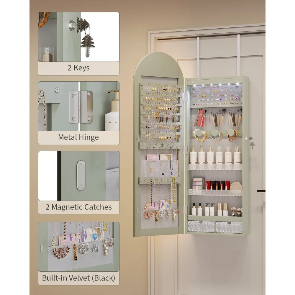 Arched Lighted Mirror Jewelry Cabinet Wall Door Mount Organizer