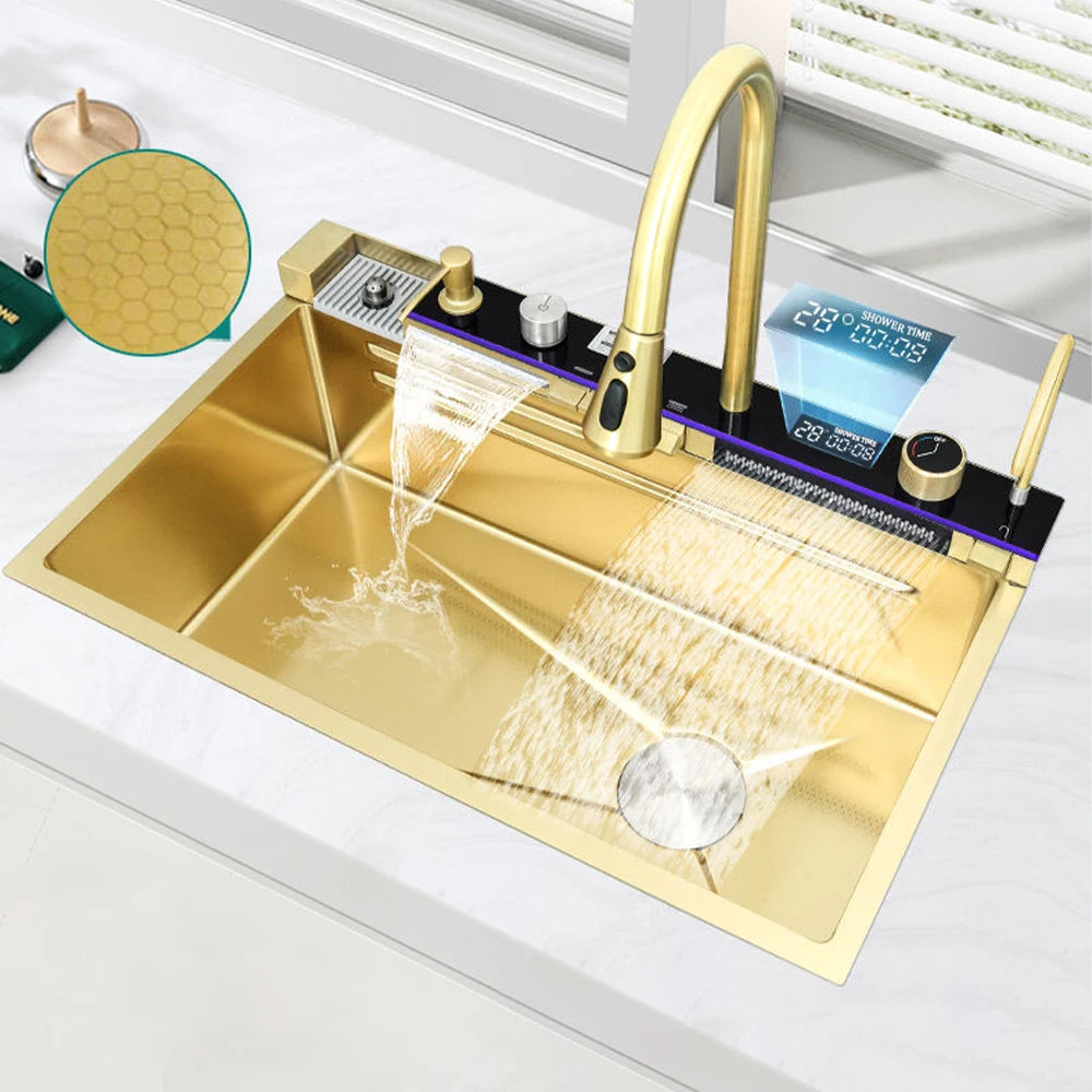 Gold Multifunctional Kitchen Waterfall Sink Digital Display 304 Stainless Steel