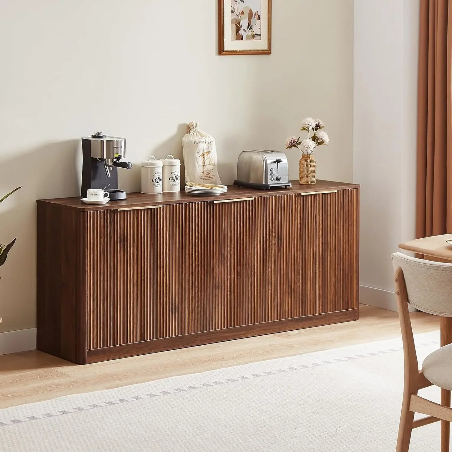 67 Inch Walnut Fluted Sideboard Buffet Cabinet with 6 Doors Storage